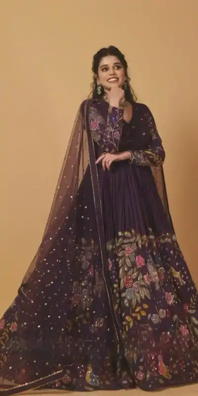PC 469 Dark Purple Color Chinon Thread Sequence Work Gown Casual, Wedding, Party, Festive, Events Etc. Expected Delivery 4-6 Working Days @2029/- | Bollywood Gowns, Creative Gowns, Designer Gowns, Embroidered Gowns, Gowns, Party Wear Gowns