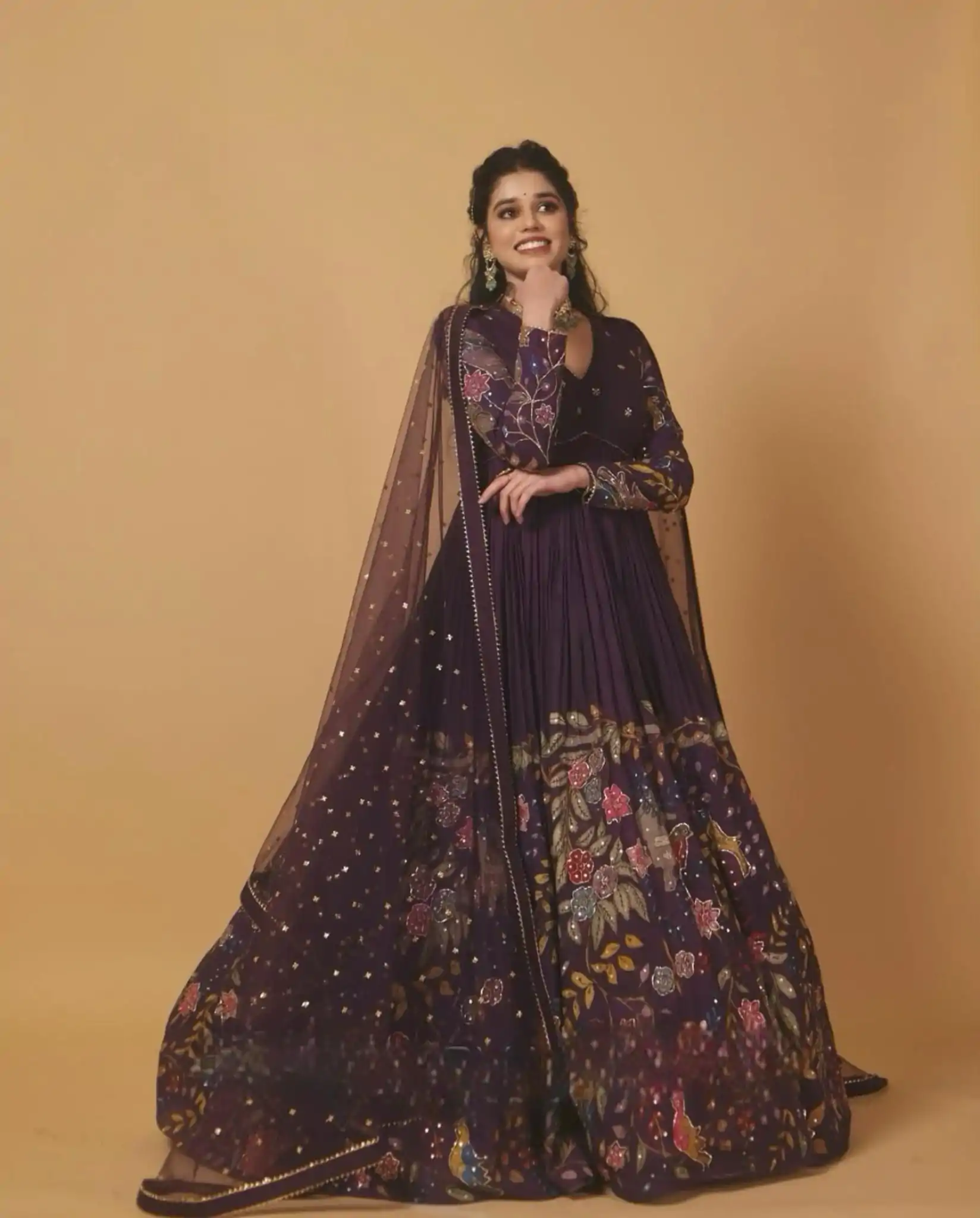PC 469 Dark Purple Color Chinon Thread Sequence Work Gown Casual, Wedding, Party, Festive, Events Etc. Expected Delivery 4-6 Working Days @2029/- | Bollywood Gowns, Creative Gowns, Designer Gowns, Embroidered Gowns, Gowns, Party Wear Gowns