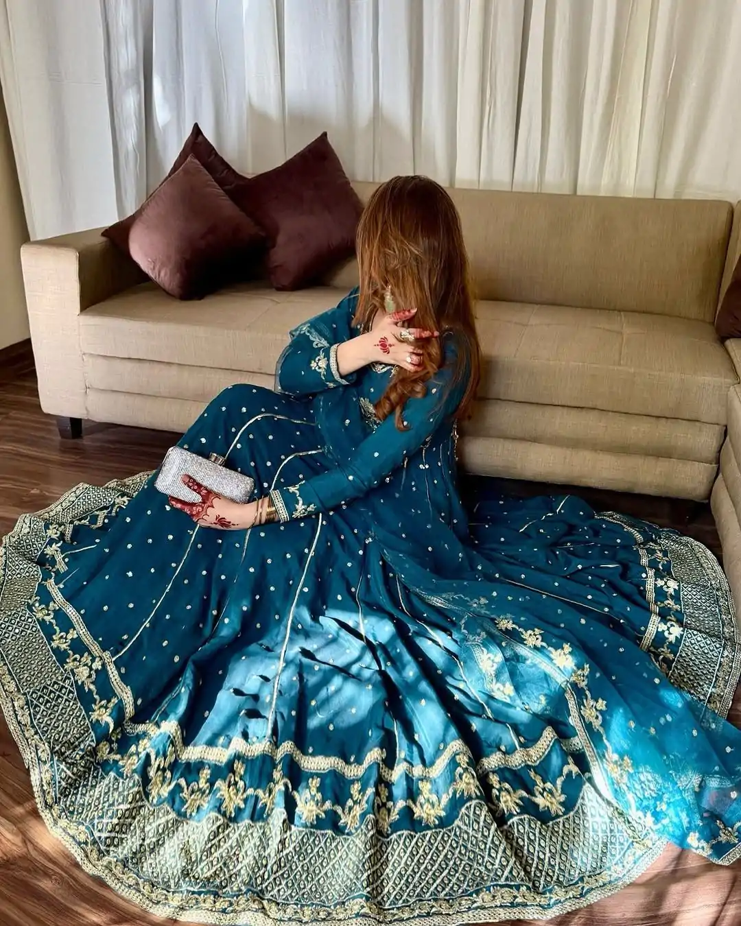 VLM 272 Rama Blue Color Star Georgette Embroidery Work Gown Casual, Wedding, Party, Festive, Events Etc. Expected Delivery 4-6 Working Days @2049/- | Bollywood Gowns, Creative Gowns, Designer Gowns, Embroidered Gowns, Gowns, Party Wear Gowns