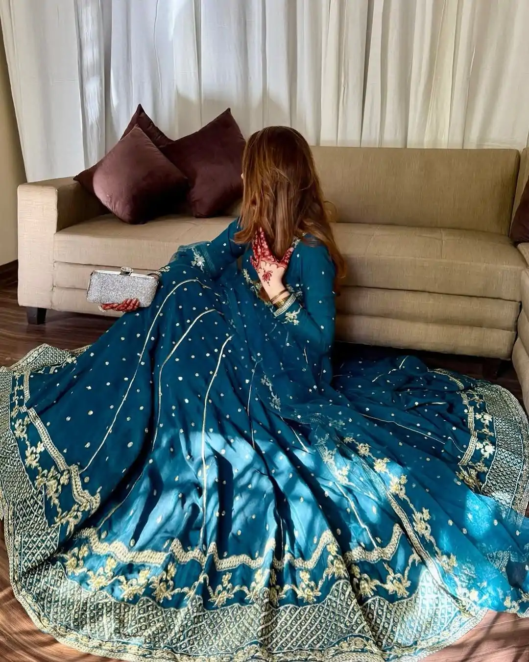 VLM 272 Rama Blue Color Star Georgette Embroidery Work Gown Casual, Wedding, Party, Festive, Events Etc. Expected Delivery 4-6 Working Days @2049/- | Bollywood Gowns, Creative Gowns, Designer Gowns, Embroidered Gowns, Gowns, Party Wear Gowns