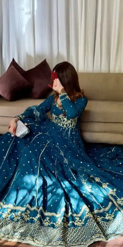 VLM 272 Rama Blue Color Star Georgette Embroidery Work Gown Casual, Wedding, Party, Festive, Events Etc. Expected Delivery 4-6 Working Days @2049/- | Bollywood Gowns, Creative Gowns, Designer Gowns, Embroidered Gowns, Gowns, Party Wear Gowns