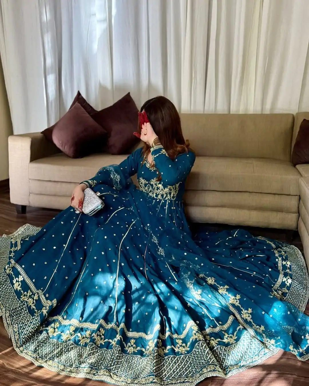 VLM 272 Rama Blue Color Star Georgette Embroidery Work Gown Casual, Wedding, Party, Festive, Events Etc. Expected Delivery 4-6 Working Days @2049/- | Bollywood Gowns, Creative Gowns, Designer Gowns, Embroidered Gowns, Gowns, Party Wear Gowns