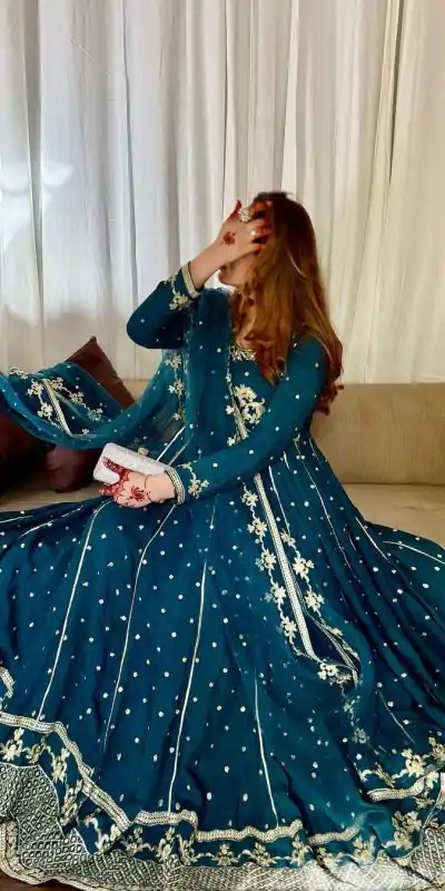 VLM 272 Rama Blue Color Star Georgette Embroidery Work Gown Casual, Wedding, Party, Festive, Events Etc. Expected Delivery 4-6 Working Days @2049/- | Bollywood Gowns, Creative Gowns, Designer Gowns, Embroidered Gowns, Gowns, Party Wear Gowns