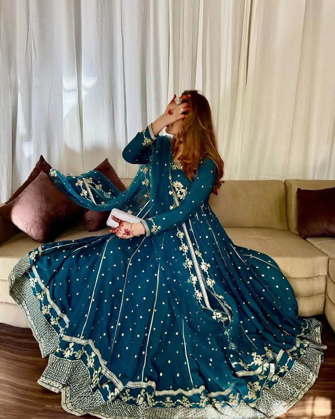 VLM 272 Rama Blue Color Star Georgette Embroidery Work Gown Casual, Wedding, Party, Festive, Events Etc. Expected Delivery 4-6 Working Days @2049/- | Bollywood Gowns, Creative Gowns, Designer Gowns, Embroidered Gowns, Gowns, Party Wear Gowns