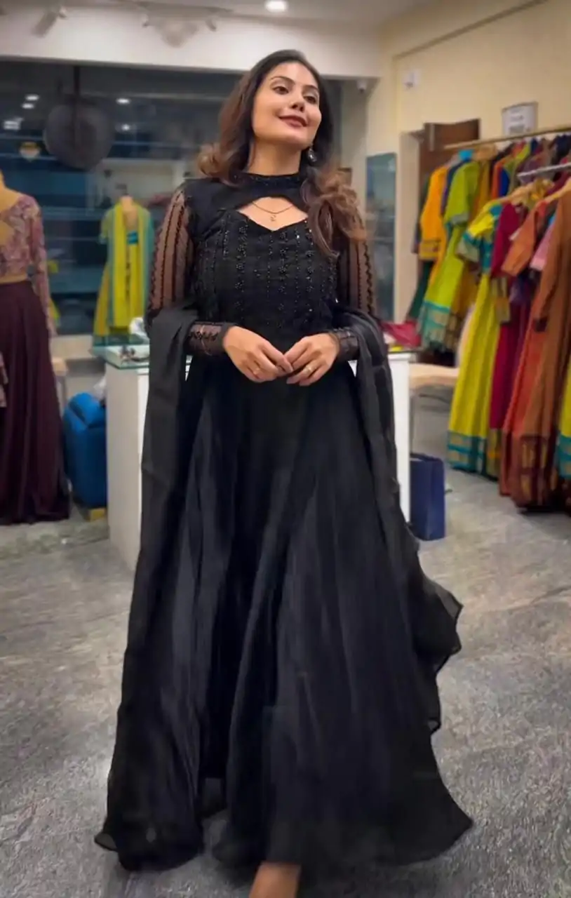 ND 5038 Black Color Jimmy Chu With Sequence Embroidery Work Gown Casual, Wedding, Party, Festive, Events Etc.4-6 Working Days@ 2099/-only | Bollywood Gowns, Creative Gowns, Designer Gowns, Embroidered Gowns, Gowns, Party Wear Gowns