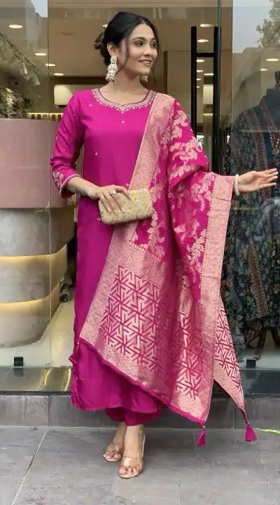 MF 755 Rani pink Color Roman Silk Coding Work Salwar Suit Casual, Wedding, Party, Festive, Events Etc.4-6 Working Days@ 1699/-only | Jump Suits, Casual Suits, Creative suits, Designer Suits, Palazzo Suits, Party Wear Suits, Patiala Suits, Salwar suit, Straight Suits