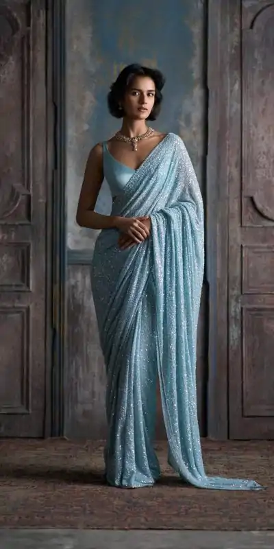 DF 3449Sky Blue Color Georgette Khichdi Sequence Work Saree Casual, Wedding, Festive, Events . Expected Delivery  4-6 Working Days @1899/- only                                                                                                                                           | Bollywood Sarees, Creative Sarees, Designer Sarees, Embroidered Sarees, Ethnic Saree, Modern Digital sarees, Party Wear Sarees, Sarees