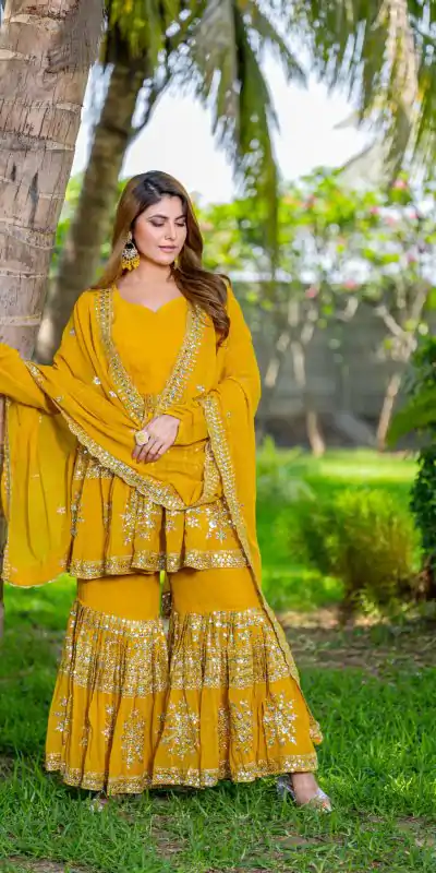 Ram 094 Yellow Color Georgette 7mm Sequence Work Salwar Suit Casual, Wedding, Festive, Events . Expected Delivery  4-6 Working Days @2349/- only      | Jump Suits, Casual Suits, Creative suits, Designer Suits, Palazzo Suits, Party Wear Suits, Patiala Suits, Salwar suit, Straight Suits