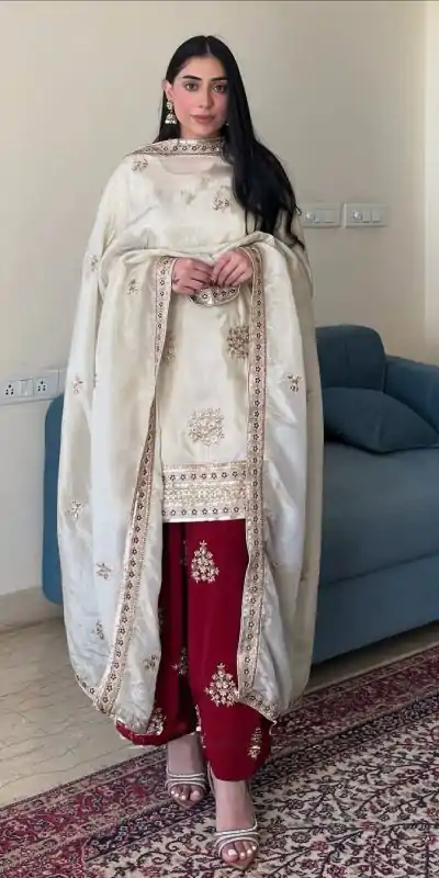 VLM 265 White Color Chinon Silk With Embroidery Work Salwar Suit Casual, Wedding, Party, Festive, Events Etc.4-6 Working Days@ 2049/-only | Jump Suits, Casual Suits, Creative suits, Designer Suits, Palazzo Suits, Party Wear Suits, Patiala Suits, Salwar suit, Straight Suits