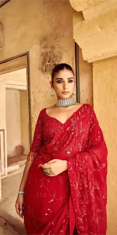 DF 3447 Red Color Georgette Sequins Embroidery work Saree Casual, Wedding, Festive, Events . Expected Delivery  4-6 Working Days @1799/- only                                                                                                                                             | Bollywood Sarees, Creative Sarees, Designer Sarees, Embroidered Sarees, Ethnic Saree, Modern Digital sarees, Party Wear Sarees, Sarees