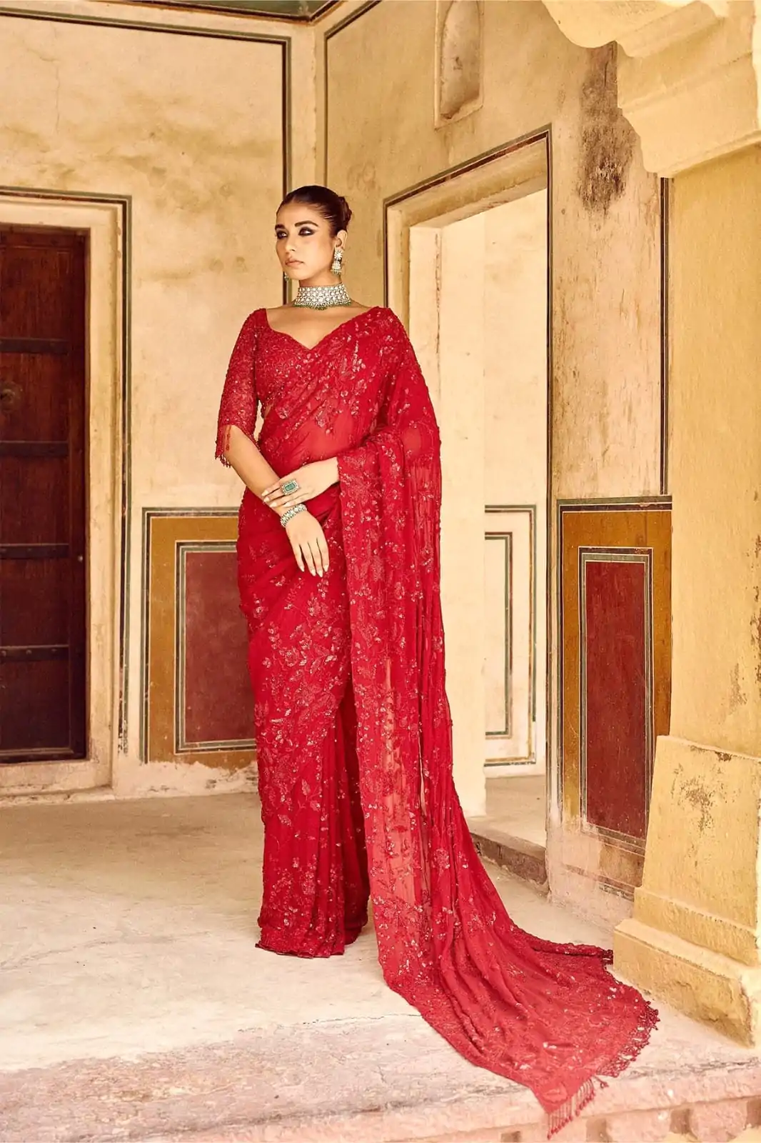 DF 3447 Red Color Georgette Sequins Embroidery work Saree Casual, Wedding, Festive, Events . Expected Delivery  4-6 Working Days @1799/- only                                                                                                                                             | Bollywood Sarees, Creative Sarees, Designer Sarees, Embroidered Sarees, Ethnic Saree, Modern Digital sarees, Party Wear Sarees, Sarees