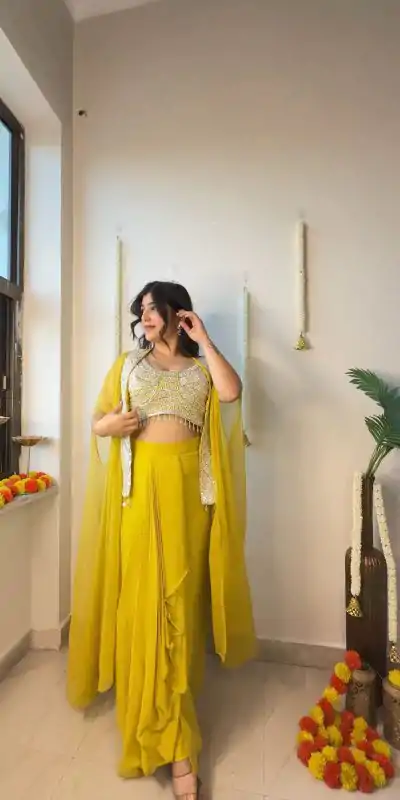LG 1931 Yellow Color Georgette Sequence Work On Front Dhoti Suit Casual, Wedding, Festive, Events . Expected Delivery  4-6 Working Days @1999/- only      | Jump Suits, Casual Suits, Creative suits, Designer Suits, Palazzo Suits, Party Wear Suits, Patiala Suits, Salwar suit, Straight Suits