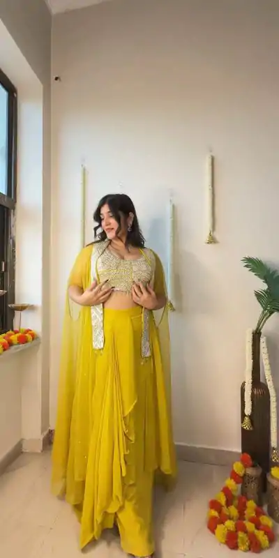 LG 1931 Yellow Color Georgette Sequence Work On Front Dhoti Suit Casual, Wedding, Festive, Events . Expected Delivery  4-6 Working Days @1999/- only      | Jump Suits, Casual Suits, Creative suits, Designer Suits, Palazzo Suits, Party Wear Suits, Patiala Suits, Salwar suit, Straight Suits