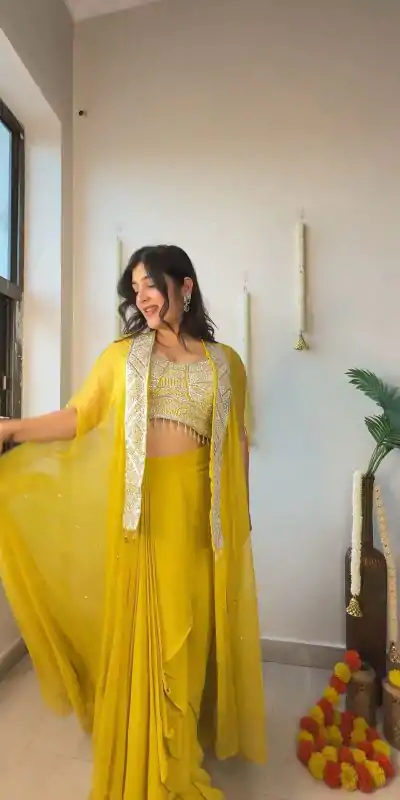 LG 1931 Yellow Color Georgette Sequence Work On Front Dhoti Suit Casual, Wedding, Festive, Events . Expected Delivery  4-6 Working Days @1999/- only      | Jump Suits, Casual Suits, Creative suits, Designer Suits, Palazzo Suits, Party Wear Suits, Patiala Suits, Salwar suit, Straight Suits