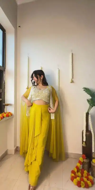 LG 1931 Yellow Color Georgette Sequence Work On Front Dhoti Suit Casual, Wedding, Festive, Events . Expected Delivery  4-6 Working Days @1999/- only      | Jump Suits, Casual Suits, Creative suits, Designer Suits, Palazzo Suits, Party Wear Suits, Patiala Suits, Salwar suit, Straight Suits