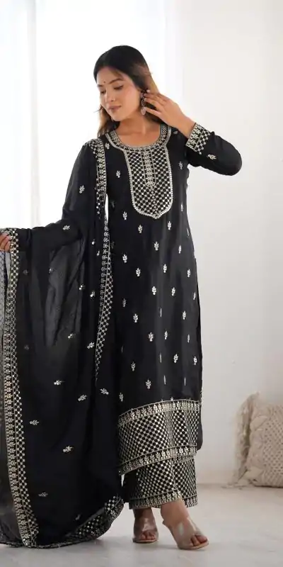 KB 282 Black Color Chinon Silk Embroidery With Jari Work Salwar Suit Casual, Wedding, Festive, Events . Expected Delivery  4-6 Working Days @1949/- only      | Jump Suits, Casual Suits, Creative suits, Designer Suits, Palazzo Suits, Party Wear Suits, Patiala Suits, Salwar suit, Straight Suits