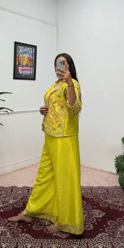 ST 1096 Light Yellow Color Chinon Embroidery Work With Moti Lace Salwar Suit Casual, Wedding, Festive, Events . Expected Delivery  4-6 Working Days @1999/-    | Jump Suits, Casual Suits, Creative suits, Designer Suits, Palazzo Suits, Party Wear Suits, Patiala Suits, Salwar suit, Straight Suits