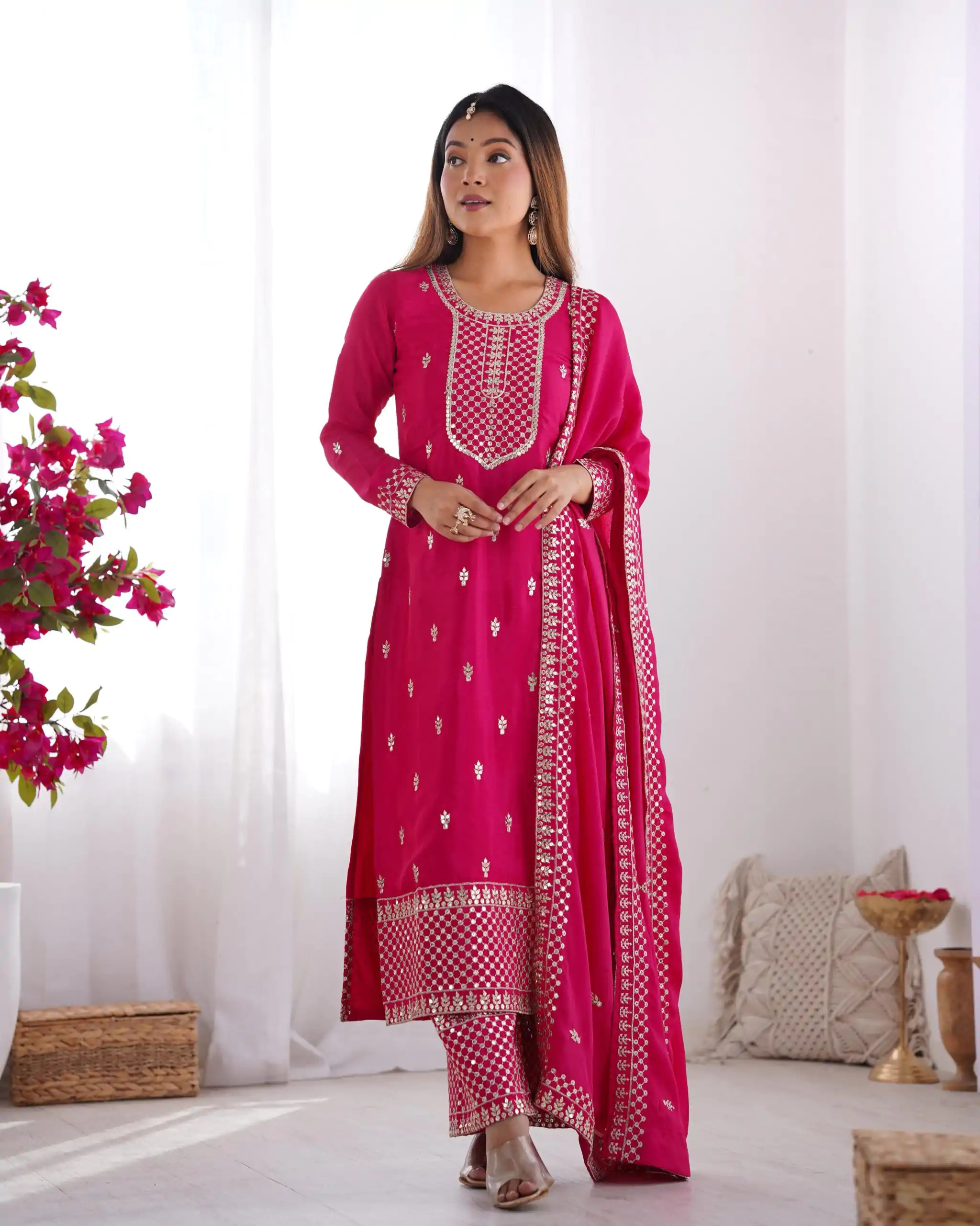 KB 282 Pink Color Chinon Silk Embroidery Jari Work Salwar Suit Casual, Wedding, Festive, Events . Expected Delivery  4-6 Working Days @1949/- only      | Jump Suits, Casual Suits, Creative suits, Designer Suits, Palazzo Suits, Party Wear Suits, Patiala Suits, Salwar suit, Straight Suits