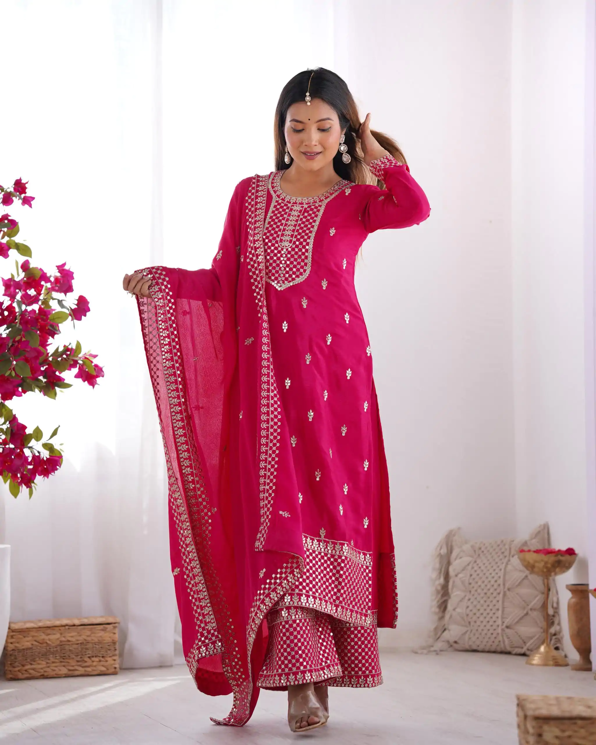 KB 282 Pink Color Chinon Silk Embroidery Jari Work Salwar Suit Casual, Wedding, Festive, Events . Expected Delivery  4-6 Working Days @1949/- only      | Jump Suits, Casual Suits, Creative suits, Designer Suits, Palazzo Suits, Party Wear Suits, Patiala Suits, Salwar suit, Straight Suits