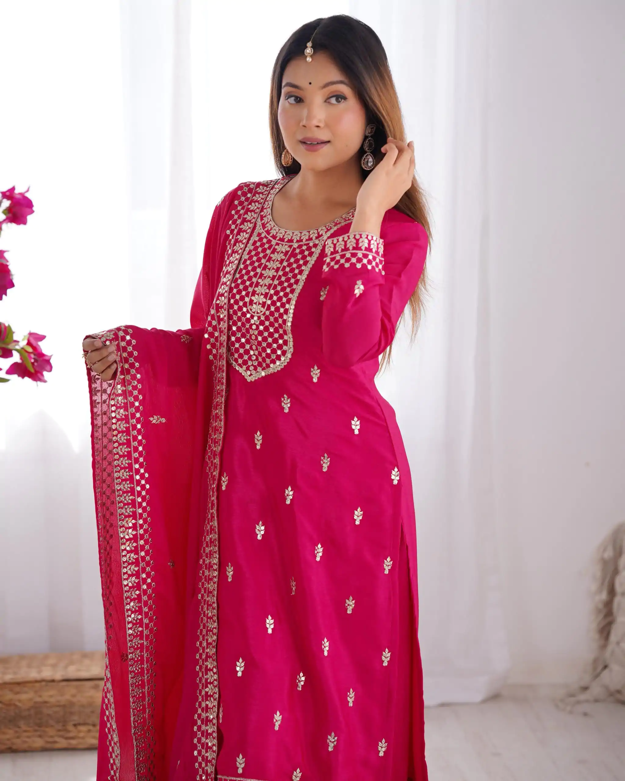 KB 282 Pink Color Chinon Silk Embroidery Jari Work Salwar Suit Casual, Wedding, Festive, Events . Expected Delivery  4-6 Working Days @1949/- only      | Jump Suits, Casual Suits, Creative suits, Designer Suits, Palazzo Suits, Party Wear Suits, Patiala Suits, Salwar suit, Straight Suits