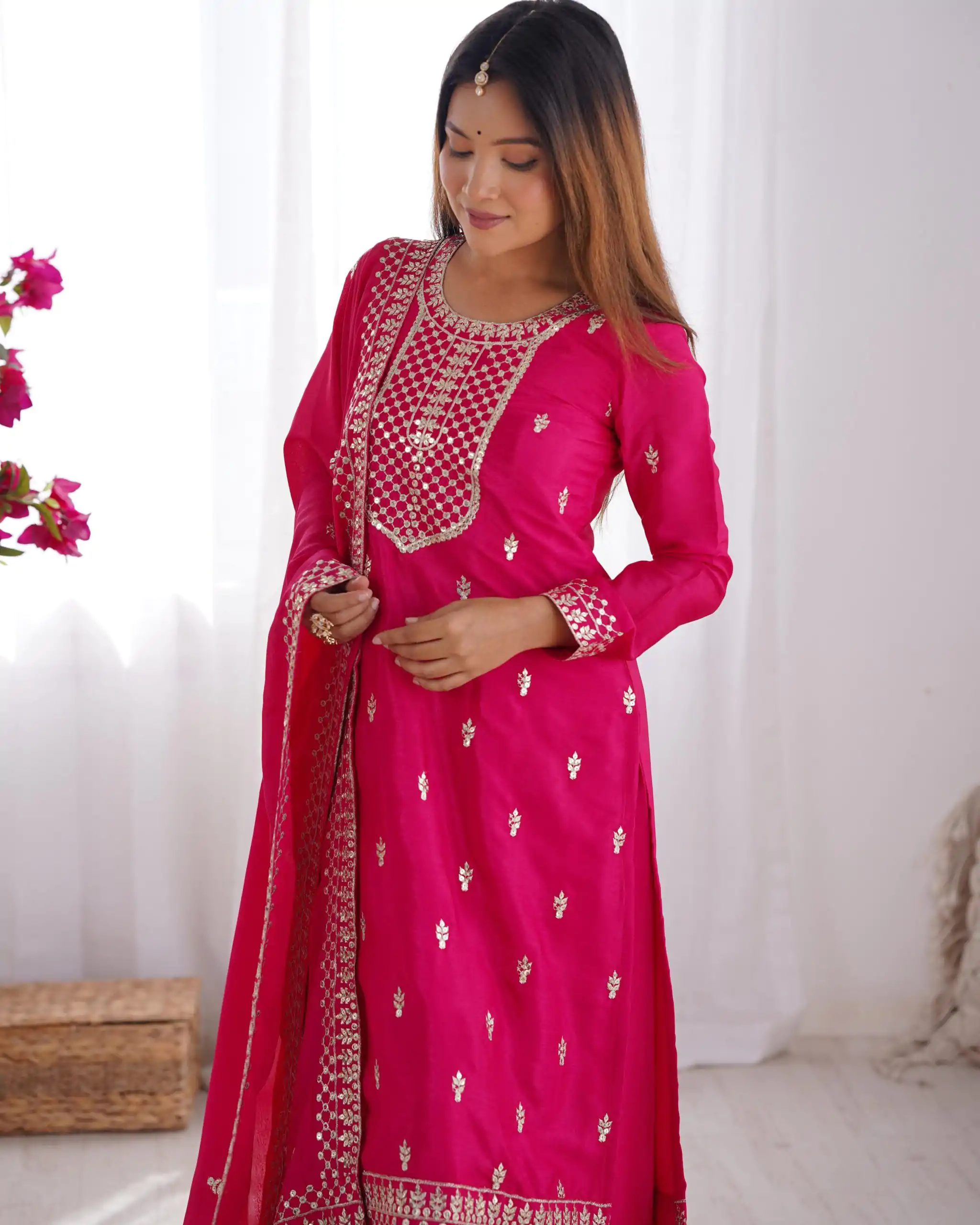 KB 282 Pink Color Chinon Silk Embroidery Jari Work Salwar Suit Casual, Wedding, Festive, Events . Expected Delivery  4-6 Working Days @1949/- only      | Jump Suits, Casual Suits, Creative suits, Designer Suits, Palazzo Suits, Party Wear Suits, Patiala Suits, Salwar suit, Straight Suits