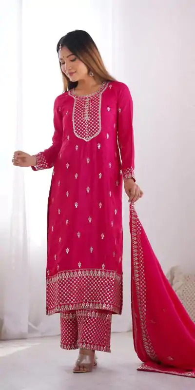 KB 282 Pink Color Chinon Silk Embroidery Jari Work Salwar Suit Casual, Wedding, Festive, Events . Expected Delivery  4-6 Working Days @1949/- only      | Jump Suits, Casual Suits, Creative suits, Designer Suits, Palazzo Suits, Party Wear Suits, Patiala Suits, Salwar suit, Straight Suits