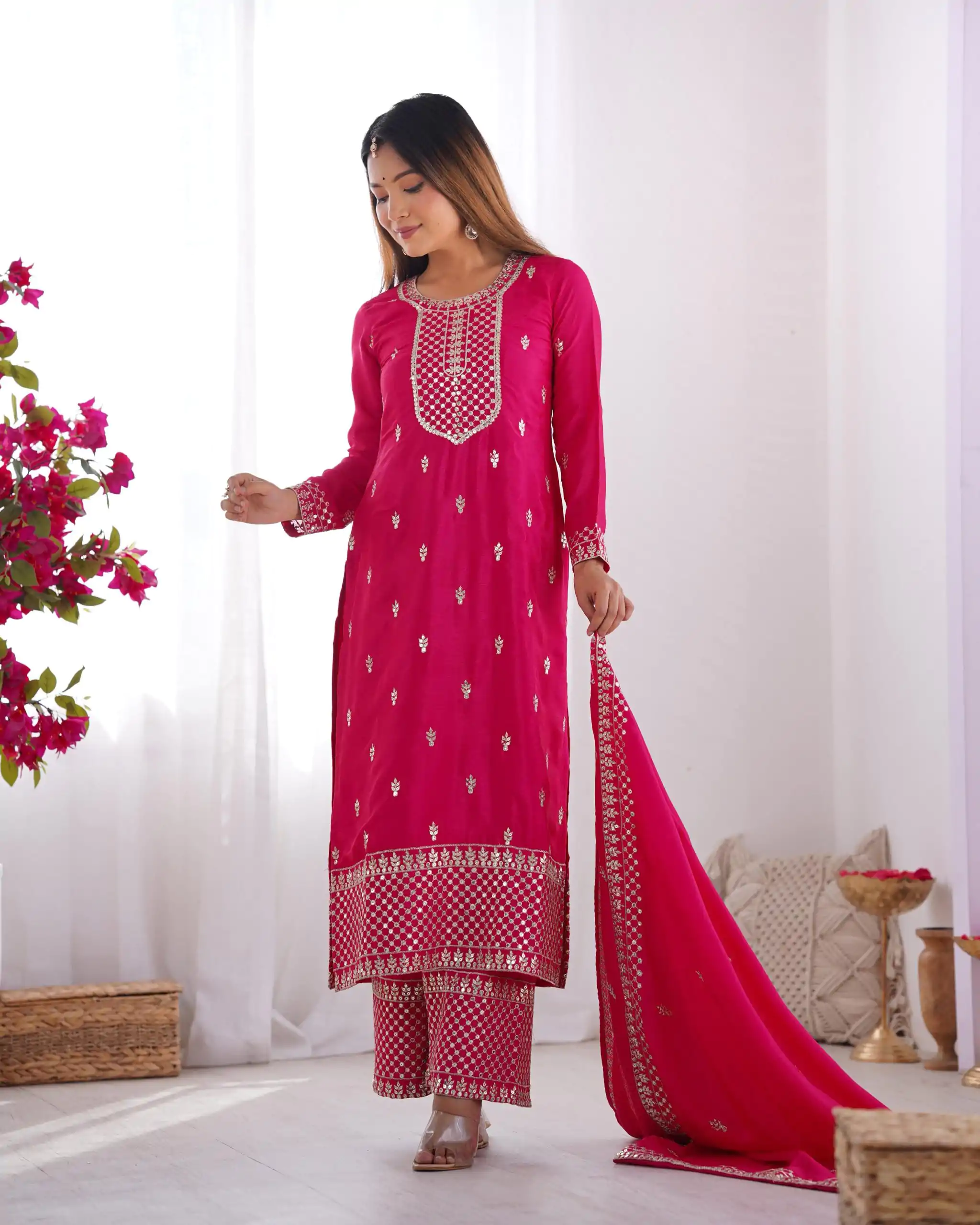KB 282 Pink Color Chinon Silk Embroidery Jari Work Salwar Suit Casual, Wedding, Festive, Events . Expected Delivery  4-6 Working Days @1949/- only      | Jump Suits, Casual Suits, Creative suits, Designer Suits, Palazzo Suits, Party Wear Suits, Patiala Suits, Salwar suit, Straight Suits