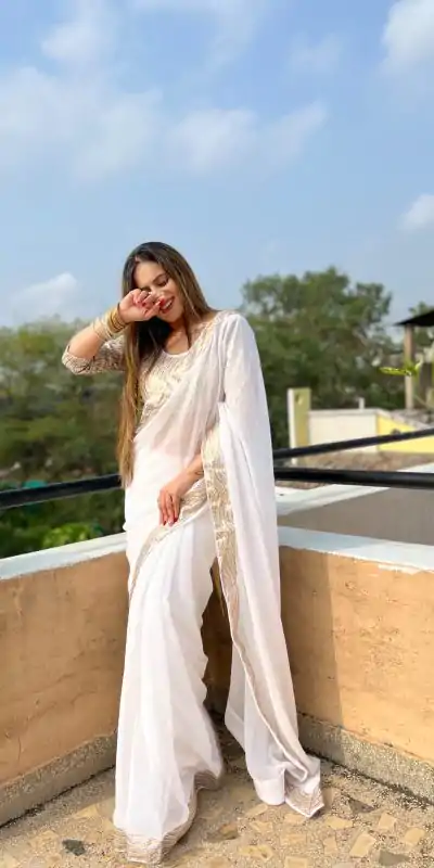 JR 579 White Color Georgette Sequence Work Lace Saree Casual, Wedding, Festive, Events . Expected Delivery  4-6 Working Days @1599/- only                                                                                                                                             | Bollywood Sarees, Creative Sarees, Designer Sarees, Embroidered Sarees, Ethnic Saree, Modern Digital sarees, Party Wear Sarees, Sarees