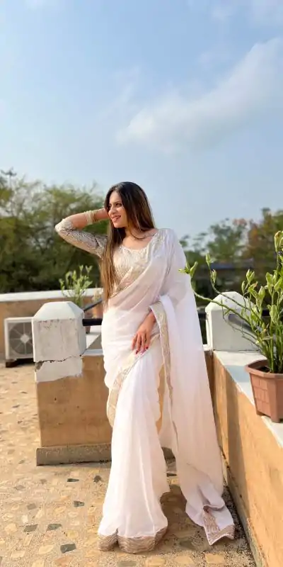 JR 579 White Color Georgette Sequence Work Lace Saree Casual, Wedding, Festive, Events . Expected Delivery  4-6 Working Days @1599/- only                                                                                                                                             | Bollywood Sarees, Creative Sarees, Designer Sarees, Embroidered Sarees, Ethnic Saree, Modern Digital sarees, Party Wear Sarees, Sarees