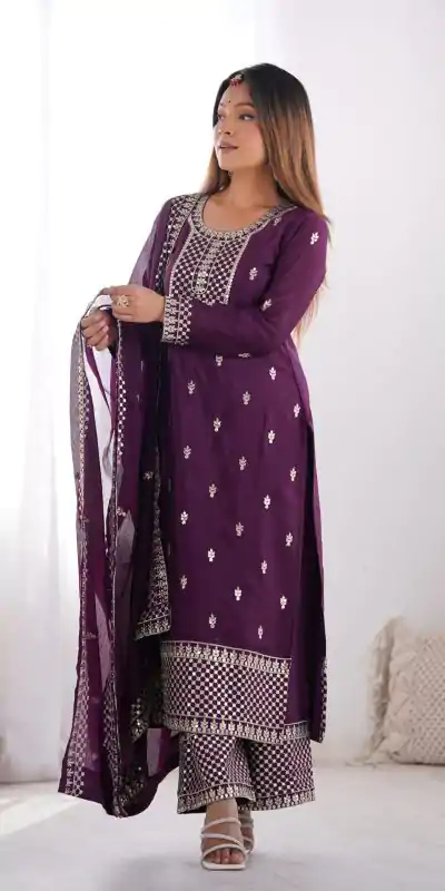 KB 282 Wine Color Chinon Silk Embroidery With Jari Work Salwar Suit Casual, Wedding, Festive, Events . Expected Delivery  4-6 Working Days @1949/- only      | Jump Suits, Casual Suits, Creative suits, Designer Suits, Palazzo Suits, Party Wear Suits, Patiala Suits, Salwar suit, Straight Suits