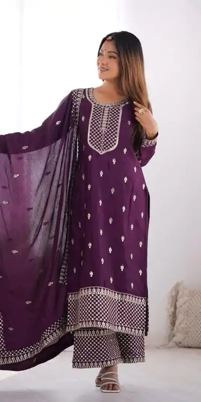 KB 282 Wine Color Chinon Silk Embroidery With Jari Work Salwar Suit Casual, Wedding, Festive, Events . Expected Delivery  4-6 Working Days @1949/- only      | Jump Suits, Casual Suits, Creative suits, Designer Suits, Palazzo Suits, Party Wear Suits, Patiala Suits, Salwar suit, Straight Suits