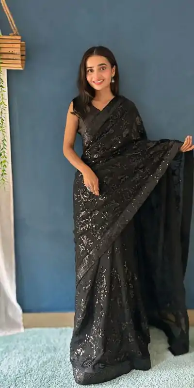 JR 629 Black Color Georgette Sequence Work Saree Casual, Wedding, Festive, Events . Expected Delivery  4-6 Working Days @1749/- only                                                                                                                                           | Bollywood Sarees, Creative Sarees, Designer Sarees, Embroidered Sarees, Ethnic Saree, Modern Digital sarees, Party Wear Sarees, Sarees