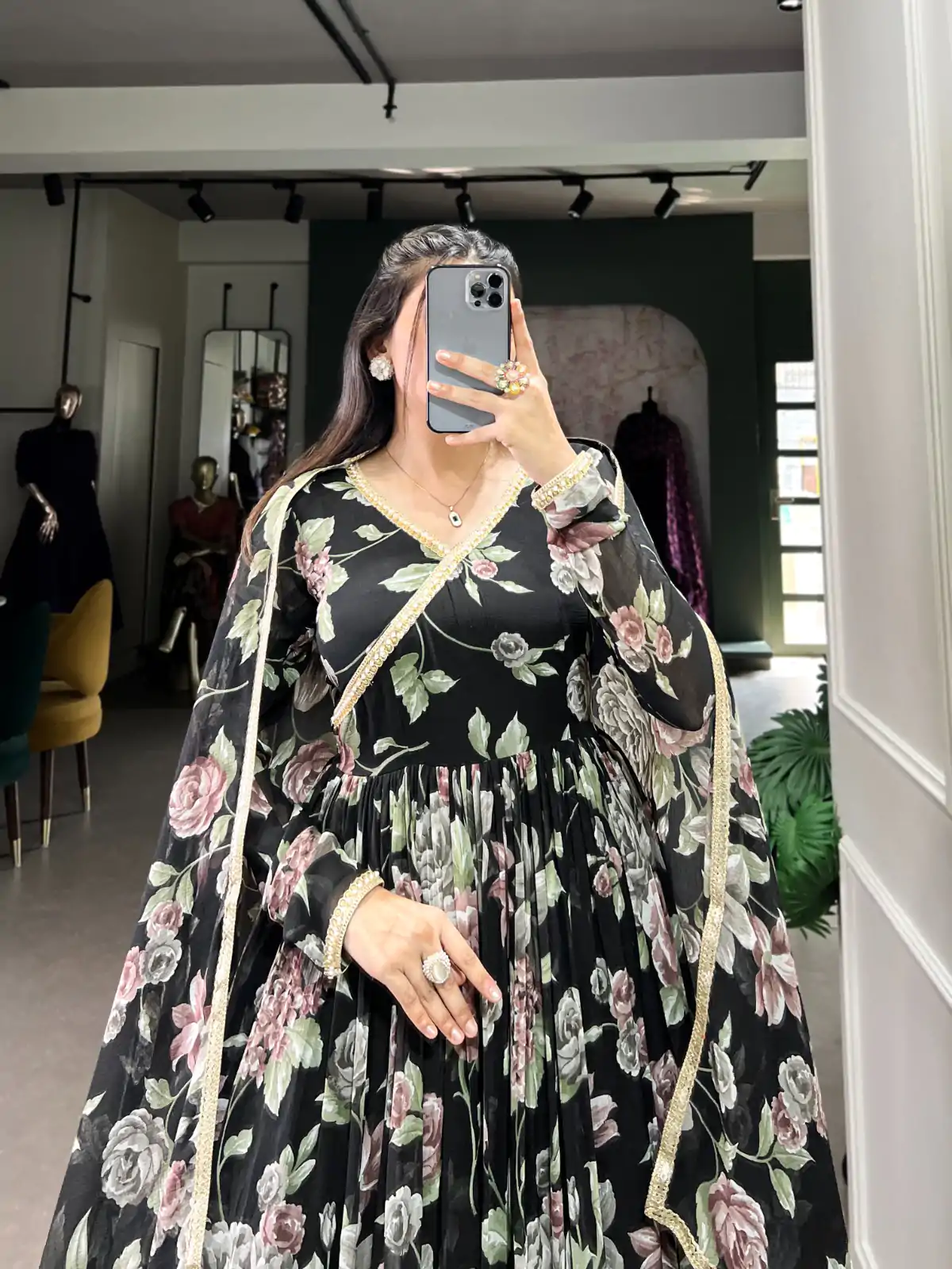 YNF 5103 Black Color Marble Floral Print Lace Touch Up Gown Casual, Wedding, Party, Festive, Events Etc. Expected Delivery 4-6 Working Days @1799/- | Bollywood Gowns, Creative Gowns, Designer Gowns, Embroidered Gowns, Gowns, Party Wear Gowns