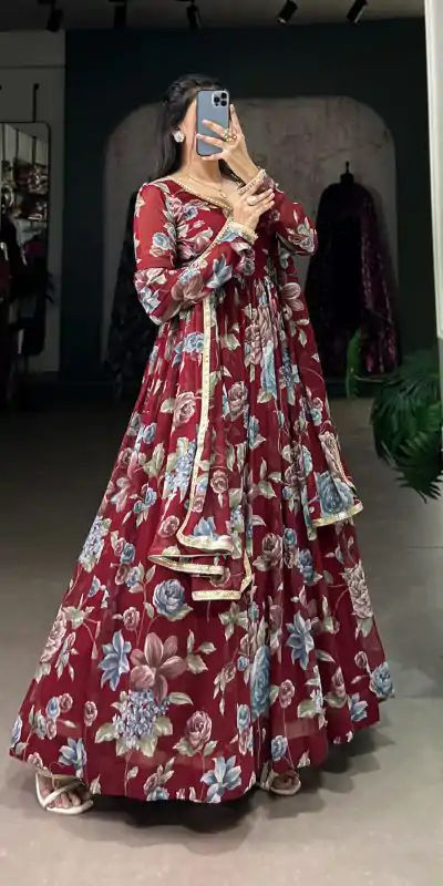 YNF 5103 Maroon Color Marble Floral Print Lace Touch Up Gown Casual, Wedding, Party, Festive, Events Etc. Expected Delivery 4-6 Working Days @1799/- | Bollywood Gowns, Creative Gowns, Designer Gowns, Embroidered Gowns, Gowns, Party Wear Gowns