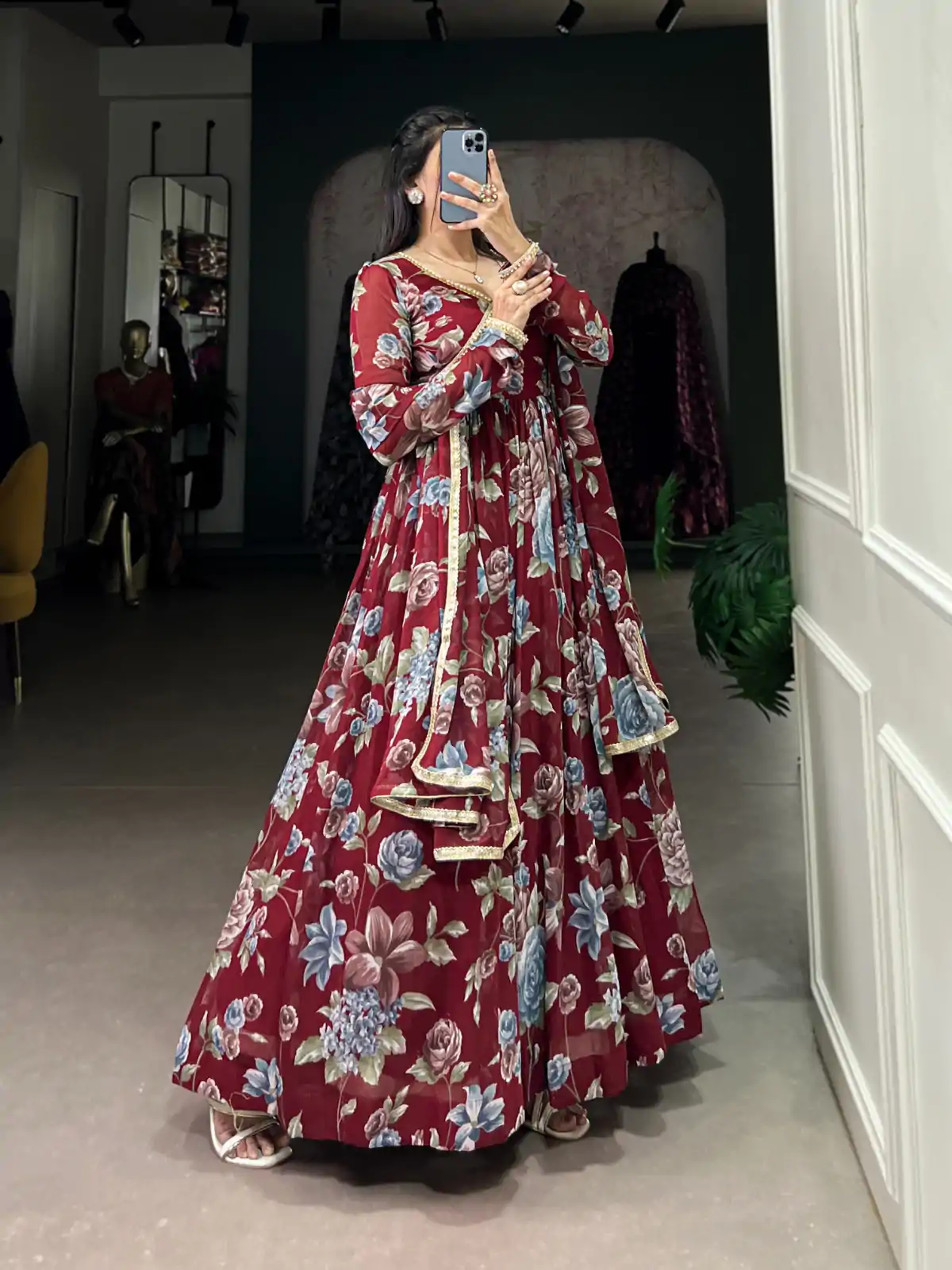 YNF 5103 Maroon Color Marble Floral Print Lace Touch Up Gown Casual, Wedding, Party, Festive, Events Etc. Expected Delivery 4-6 Working Days @1799/- | Bollywood Gowns, Creative Gowns, Designer Gowns, Embroidered Gowns, Gowns, Party Wear Gowns