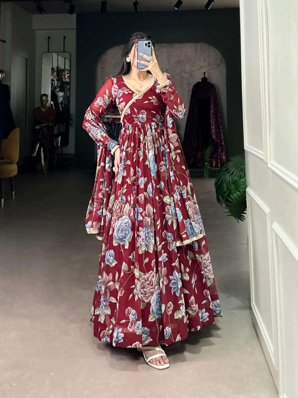 YNF 5103 Maroon Color Marble Floral Print Lace Touch Up Gown Casual, Wedding, Party, Festive, Events Etc. Expected Delivery 4-6 Working Days @1799/- | Bollywood Gowns, Creative Gowns, Designer Gowns, Embroidered Gowns, Gowns, Party Wear Gowns