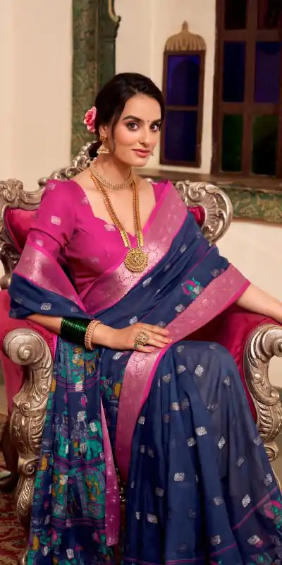 YNF 7031 Navy Blue Color Poly Cotton Kalamkari Print Saree Casual, Wedding, Festive, Events . Expected Delivery  4-6 Working Days @1699/- only                                                                                                                                           | Bollywood Sarees, Creative Sarees, Designer Sarees, Embroidered Sarees, Ethnic Saree, Modern Digital sarees, Party Wear Sarees, Sarees