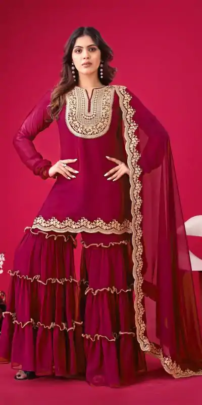 SRK 5236 Red Color Faux Georgette Embroidery Sequence Work Salwar Suit , Wedding, Party, Festive, Events Etc.4-6 Working Days@ 2099/-only | Jump Suits, Casual Suits, Creative suits, Designer Suits, Palazzo Suits, Party Wear Suits, Patiala Suits, Salwar suit, Straight Suits
