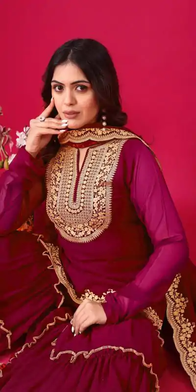 SRK 5236 Red Color Faux Georgette Embroidery Sequence Work Salwar Suit , Wedding, Party, Festive, Events Etc.4-6 Working Days@ 2099/-only | Jump Suits, Casual Suits, Creative suits, Designer Suits, Palazzo Suits, Party Wear Suits, Patiala Suits, Salwar suit, Straight Suits