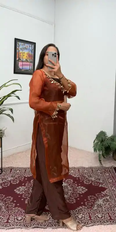 ST 1100 Brown Color Organza Mirror Lace Work Salwar Suit Casual, Wedding, Festive, Events . Expected Delivery  4-6 Working Days @1699/- only      | Jump Suits, Casual Suits, Creative suits, Designer Suits, Palazzo Suits, Party Wear Suits, Patiala Suits, Salwar suit, Straight Suits