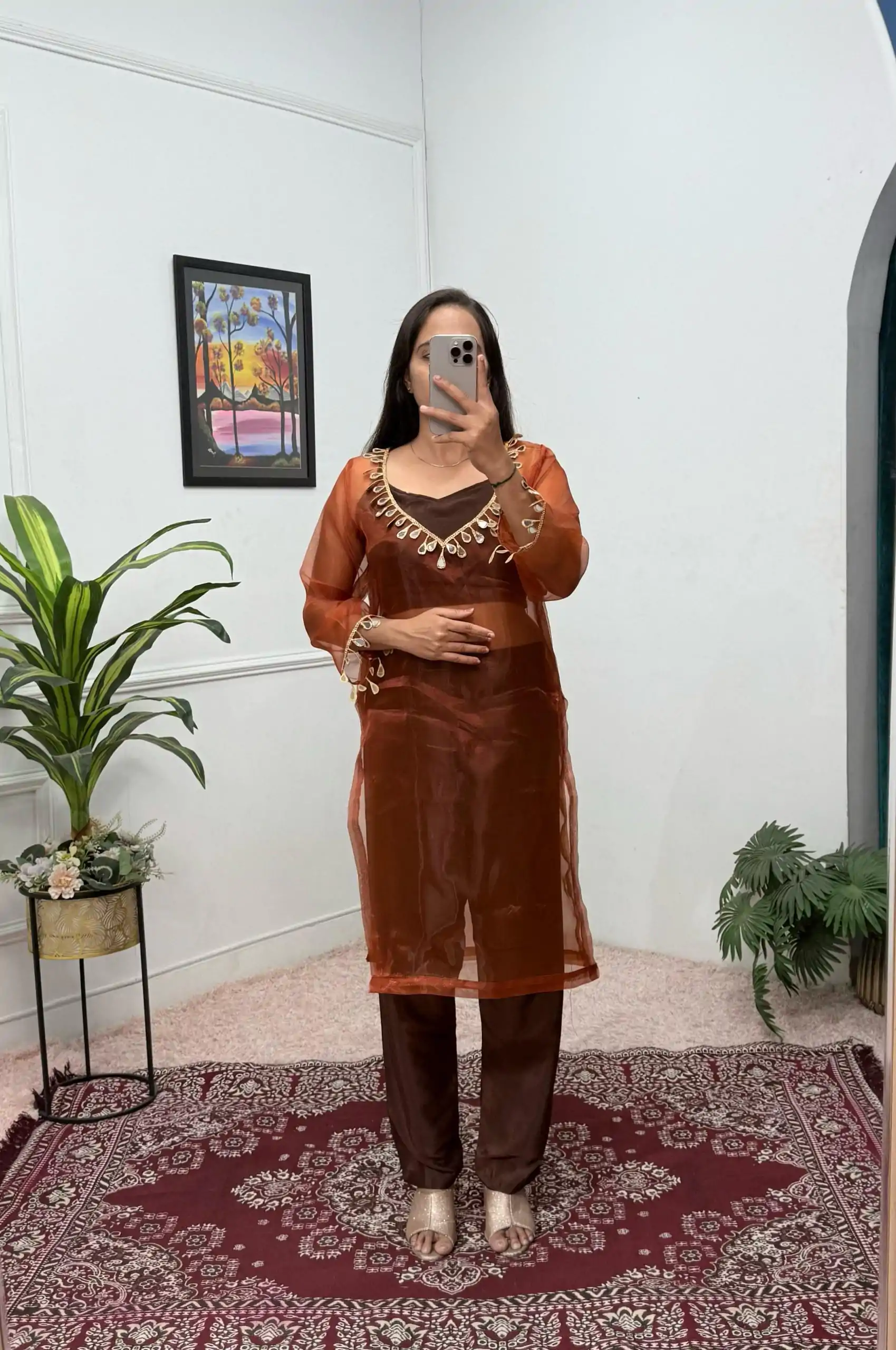 ST 1100 Brown Color Organza Mirror Lace Work Salwar Suit Casual, Wedding, Festive, Events . Expected Delivery  4-6 Working Days @1699/- only      | Jump Suits, Casual Suits, Creative suits, Designer Suits, Palazzo Suits, Party Wear Suits, Patiala Suits, Salwar suit, Straight Suits