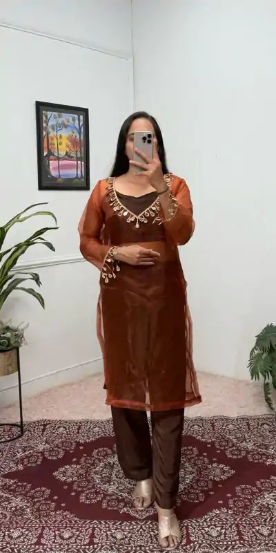 ST 1100 Brown Color Organza Mirror Lace Work Salwar Suit Casual, Wedding, Festive, Events . Expected Delivery  4-6 Working Days @1699/- only      | Jump Suits, Casual Suits, Creative suits, Designer Suits, Palazzo Suits, Party Wear Suits, Patiala Suits, Salwar suit, Straight Suits