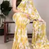 Yellow Weightless Marble Floral Print Pearl Lace Border Saree