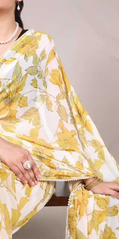 YNF 7006 Yellow Color Weightless Marble Floral Print Pearl Lace Border Saree , Wedding, Festive, Events . Expected Delivery  4-6 Working Days @1599/- only                                                                                                                                             | Bollywood Sarees, Creative Sarees, Designer Sarees, Embroidered Sarees, Ethnic Saree, Modern Digital sarees, Party Wear Sarees, Sarees