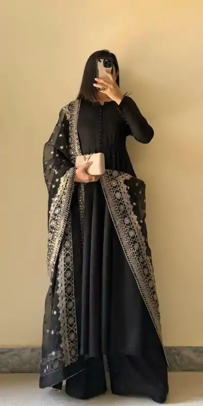 KD 1502 Black Chinon Silk With Inner Plain Anarkali Gown Casual, Wedding, Festive, Events . Expected Delivery  4-6 Working Days @1999/- only      | Jump Suits, Casual Suits, Creative suits, Designer Suits, Palazzo Suits, Party Wear Suits, Patiala Suits, Salwar suit, Straight Suits