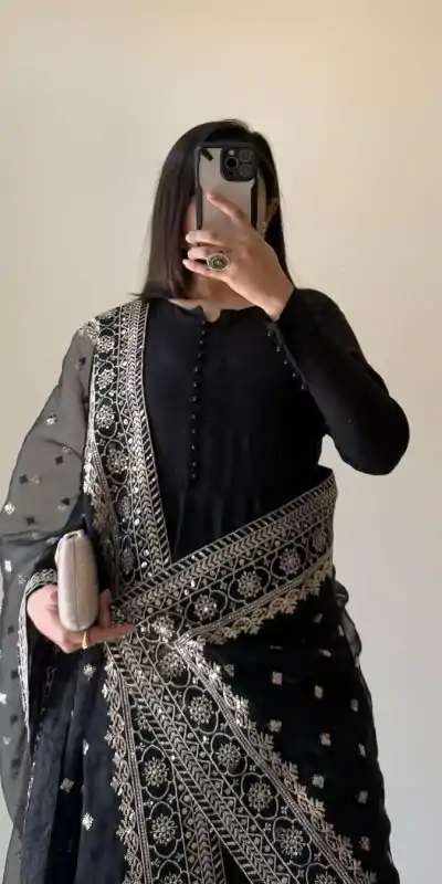 KD 1502 Black Chinon Silk With Inner Plain Anarkali Gown Casual, Wedding, Festive, Events . Expected Delivery  4-6 Working Days @1999/- only      | Jump Suits, Casual Suits, Creative suits, Designer Suits, Palazzo Suits, Party Wear Suits, Patiala Suits, Salwar suit, Straight Suits