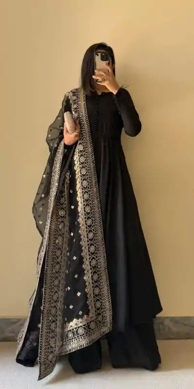KD 1502 Black Chinon Silk With Inner Plain Anarkali Gown Casual, Wedding, Festive, Events . Expected Delivery  4-6 Working Days @1999/- only      | Jump Suits, Casual Suits, Creative suits, Designer Suits, Palazzo Suits, Party Wear Suits, Patiala Suits, Salwar suit, Straight Suits