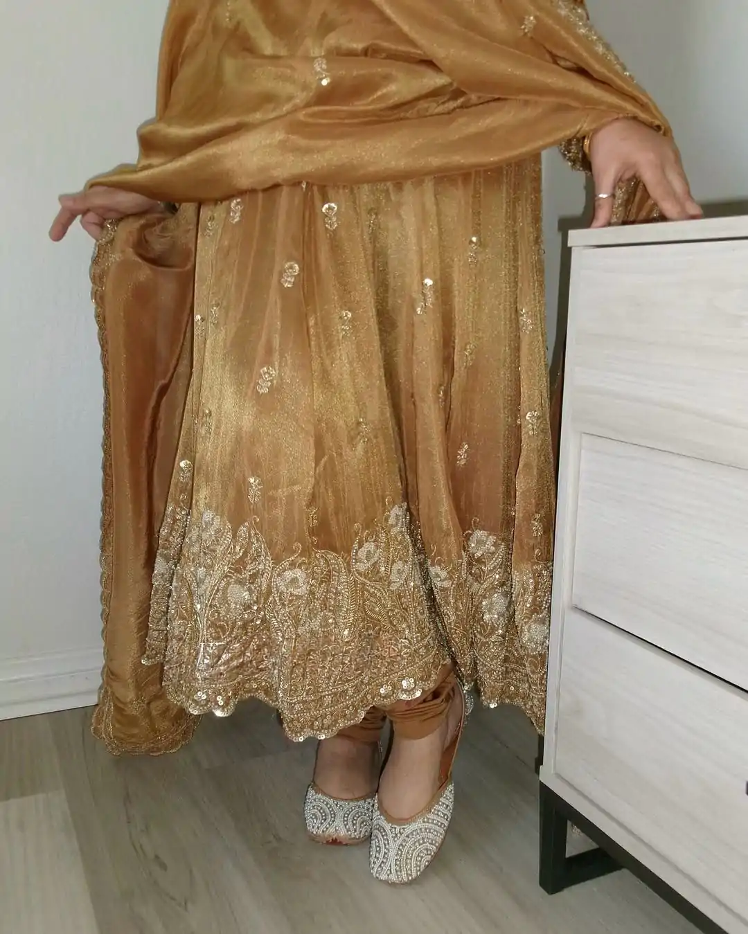 ZF 412 Gold Color Barbari Silk With Embroidery Work Gown Casual, Wedding, Party, Festive, Events Etc.4-6 Working Days@ 2149/-only | Bollywood Gowns, Creative Gowns, Designer Gowns, Embroidered Gowns, Gowns, Party Wear Gowns
