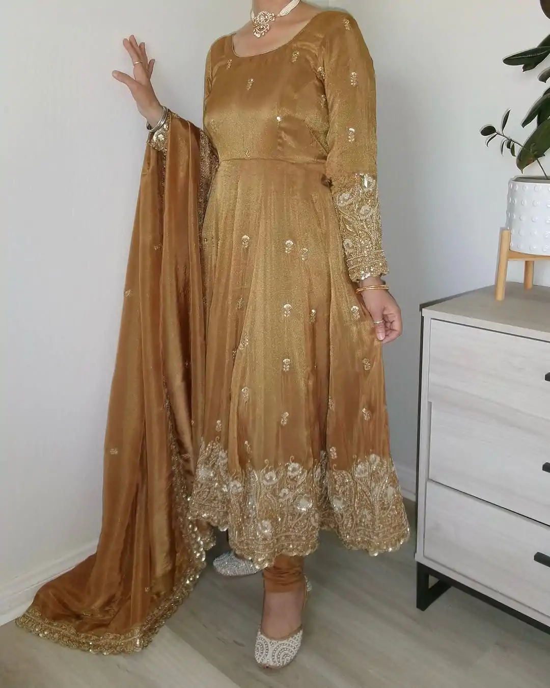 ZF 412 Gold Color Barbari Silk With Embroidery Work Gown Casual, Wedding, Party, Festive, Events Etc.4-6 Working Days@ 2149/-only | Bollywood Gowns, Creative Gowns, Designer Gowns, Embroidered Gowns, Gowns, Party Wear Gowns