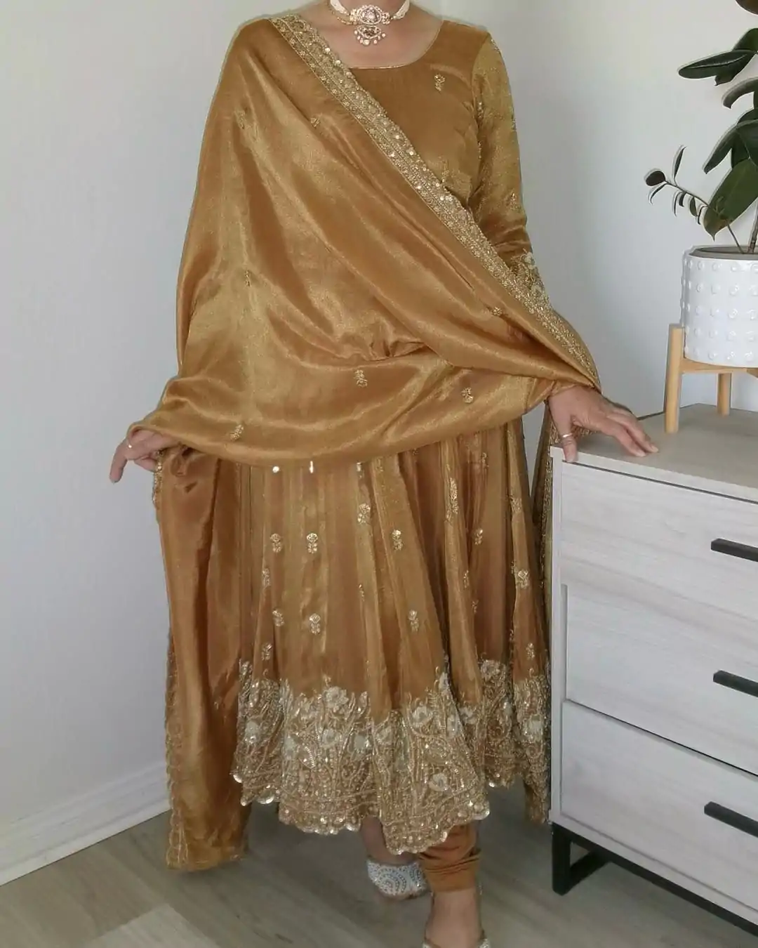 ZF 412 Gold Color Barbari Silk With Embroidery Work Gown Casual, Wedding, Party, Festive, Events Etc.4-6 Working Days@ 2149/-only | Bollywood Gowns, Creative Gowns, Designer Gowns, Embroidered Gowns, Gowns, Party Wear Gowns